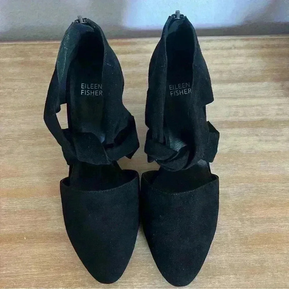 EILEEN‎ FISHER Mary Knotted Black Suede Cutout Kitten Heel Pumps - US 7.5 - Picture 1 of 9